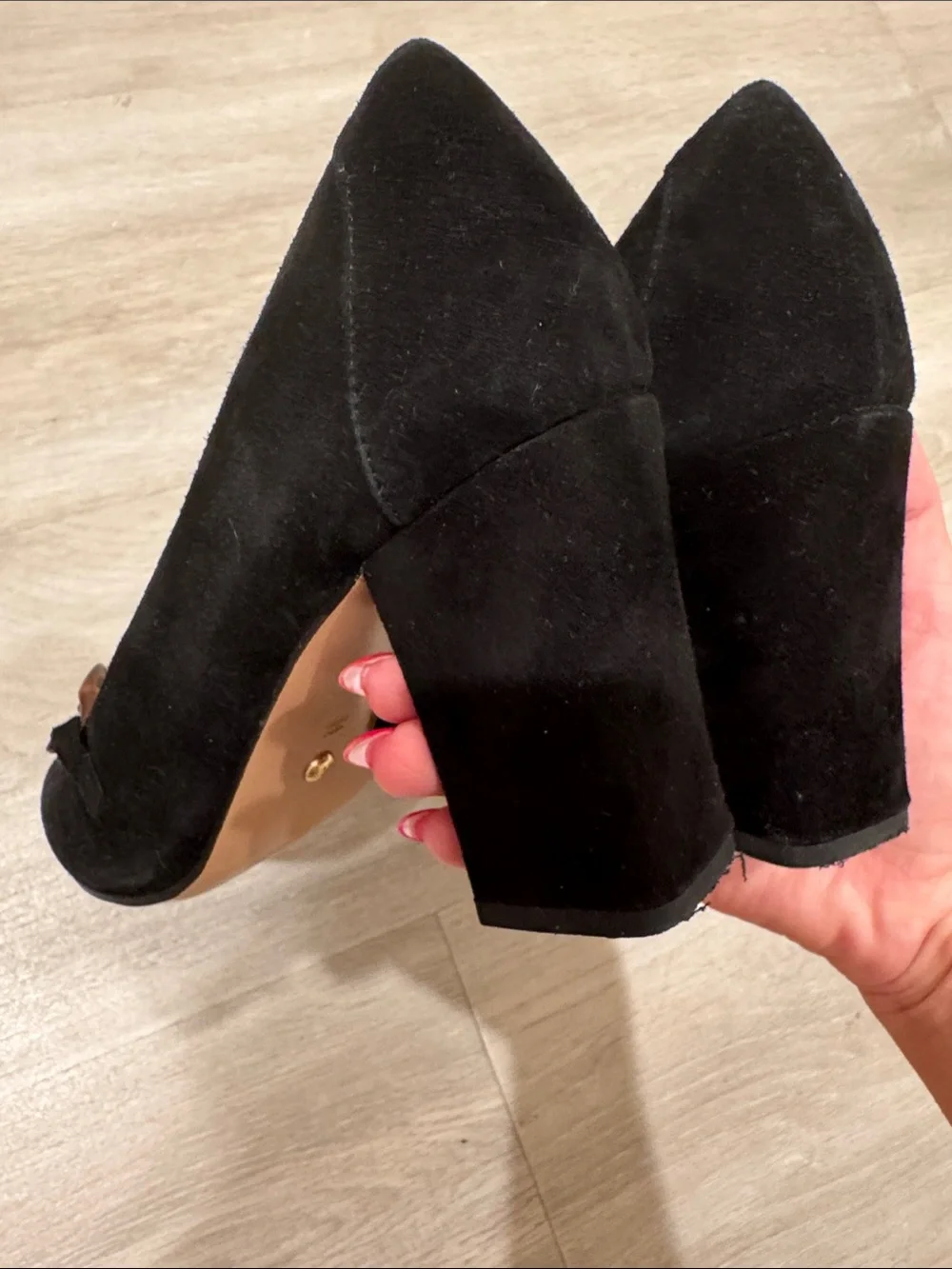 Pelle Moda Black Suede Block Heel Loafers with Tortoiseshell Chain